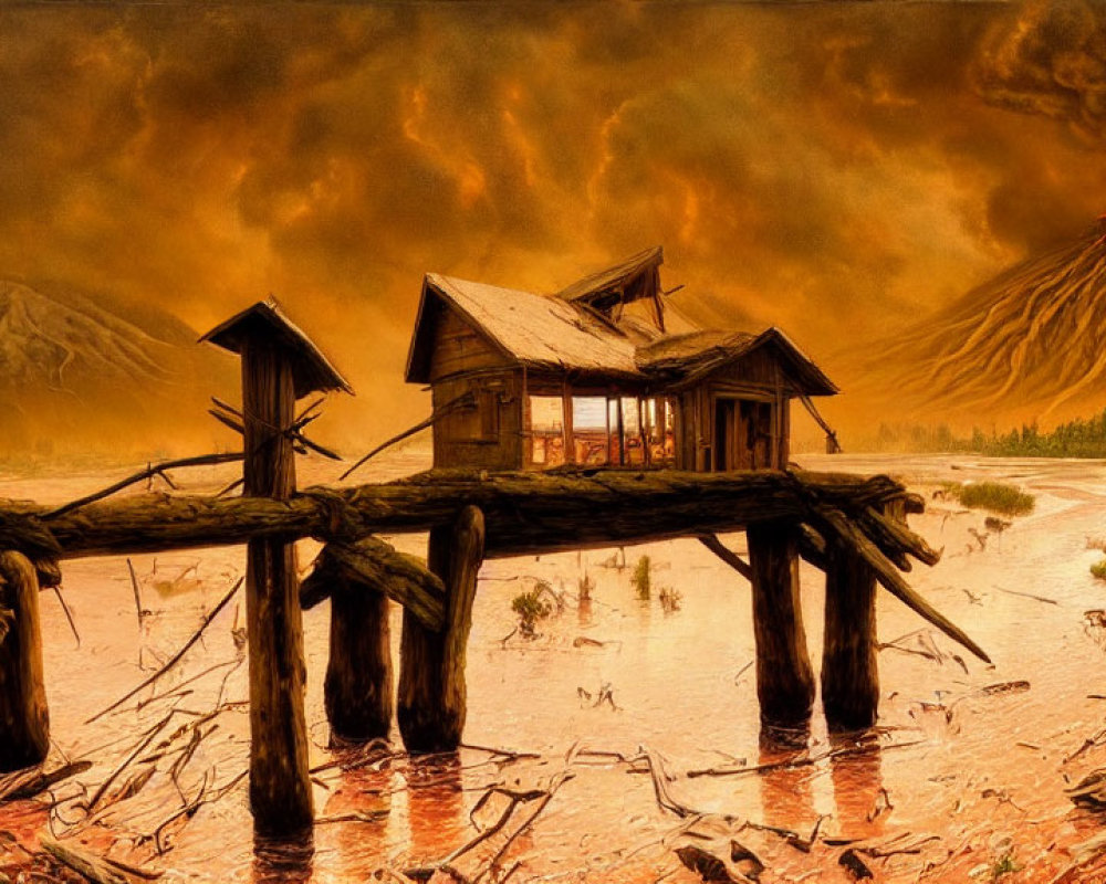 Abandoned wooden house on stilts over water in stormy scene with volcano eruption