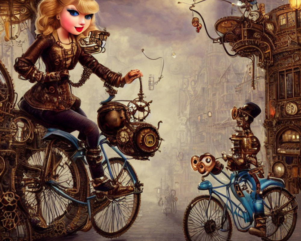 Stylized woman in vintage attire riding steampunk bicycle with owl robot in fantastical machinery landscape