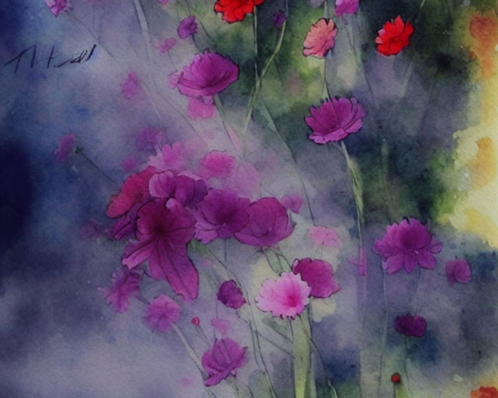 Pink and Red Flowers Watercolor Painting on Dark Blue and Purple Background