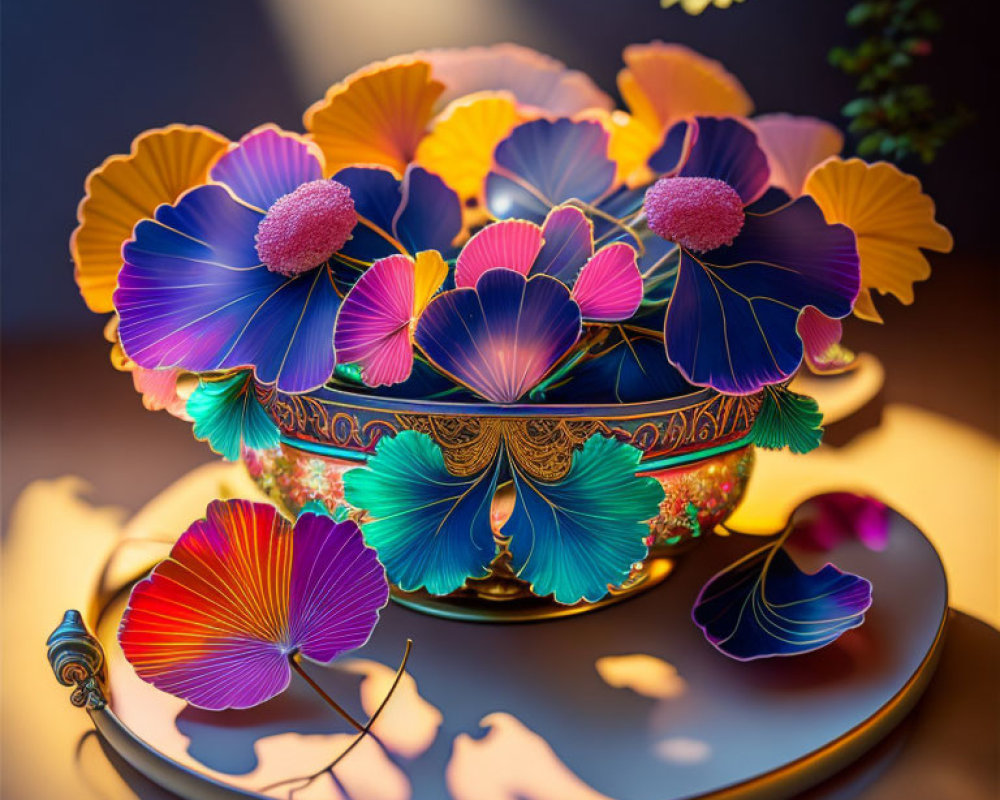 Colorful Flower Bowl Artwork with Gradient Petals on Tray