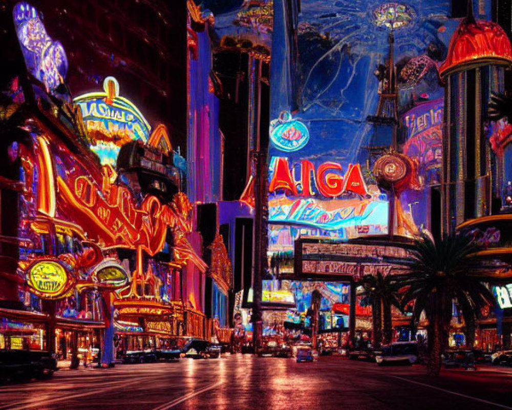 Vibrant night street scene with neon signs and lights