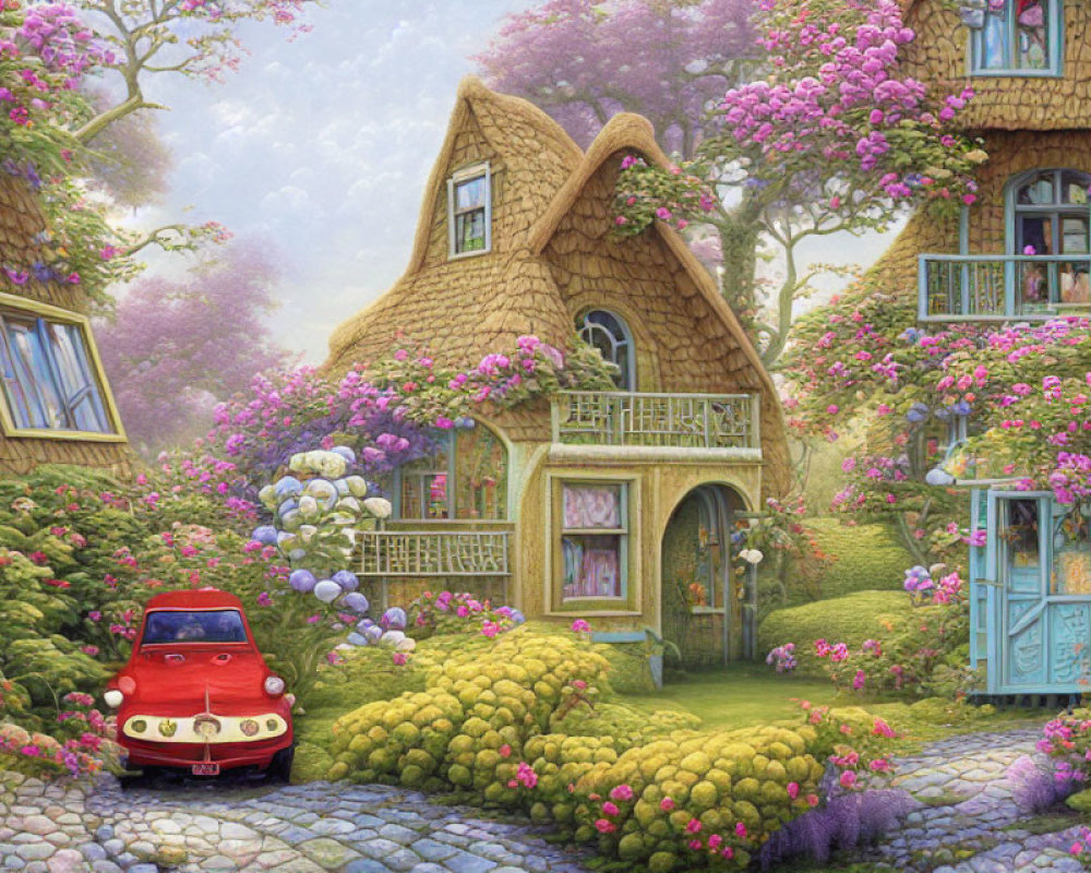 Charming cottage with climbing flowers and vintage car in lush garden