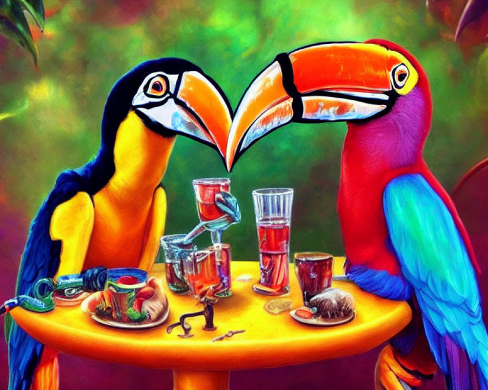 Colorful Toucans Sharing a Meal in Tropical Scene