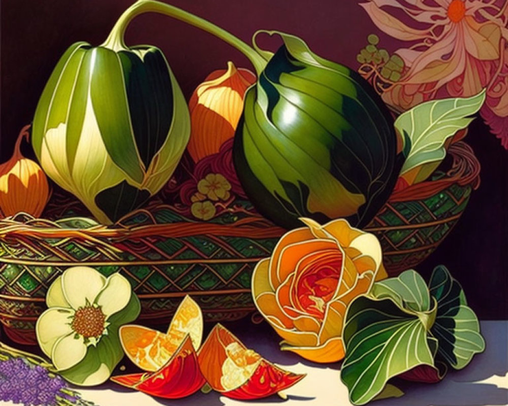 Colorful Still Life Painting: Gourds and Flowers in Basket