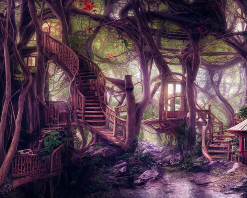 Whimsical treehouses in lush enchanted forest