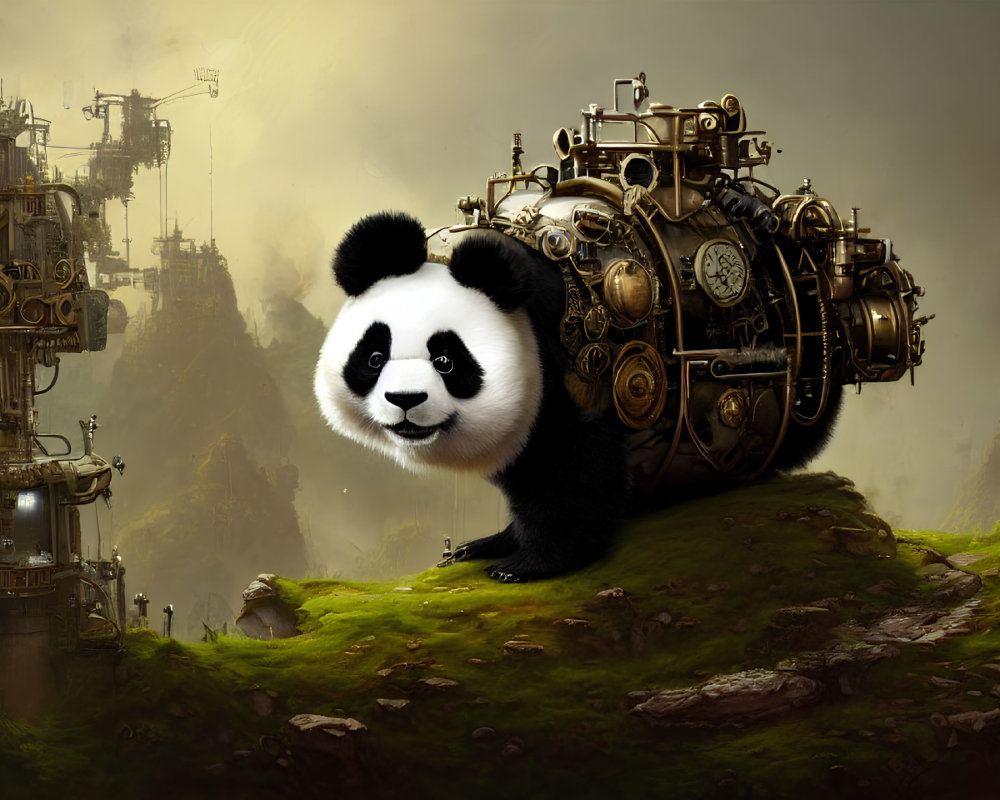 Steampunk-inspired landscape featuring a mechanical panda amidst industrial structures and misty mountains