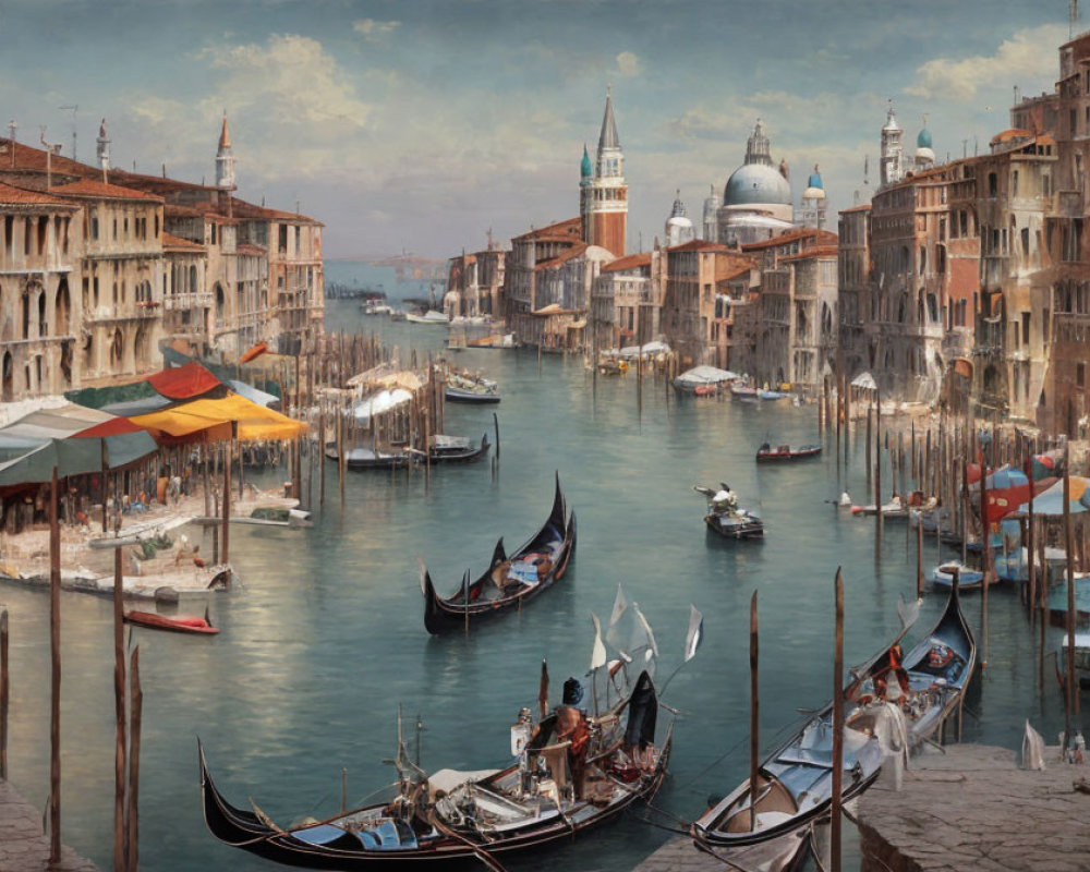 Grand Canal Venice scene with gondolas and basilica under cloudy sky