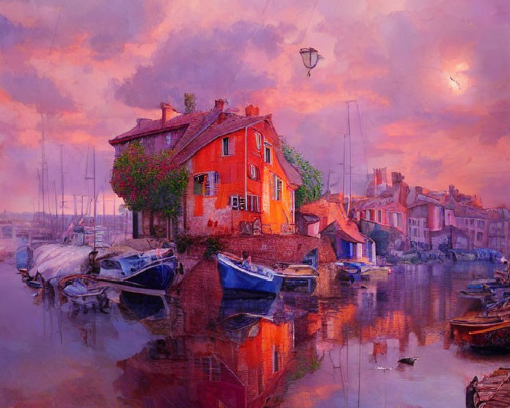 Scenic harbor painting with boats, reflective water, and sunset sky in warm hues