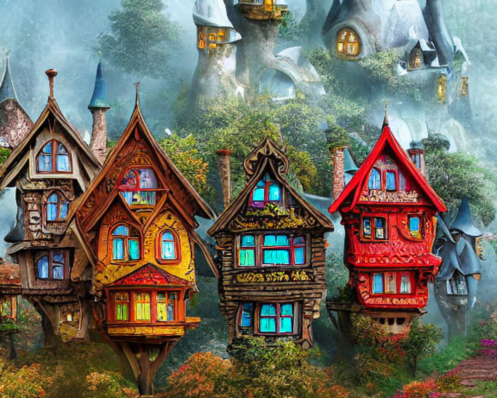 Whimsical fantasy landscape with colorful houses, gardens, and castle hill