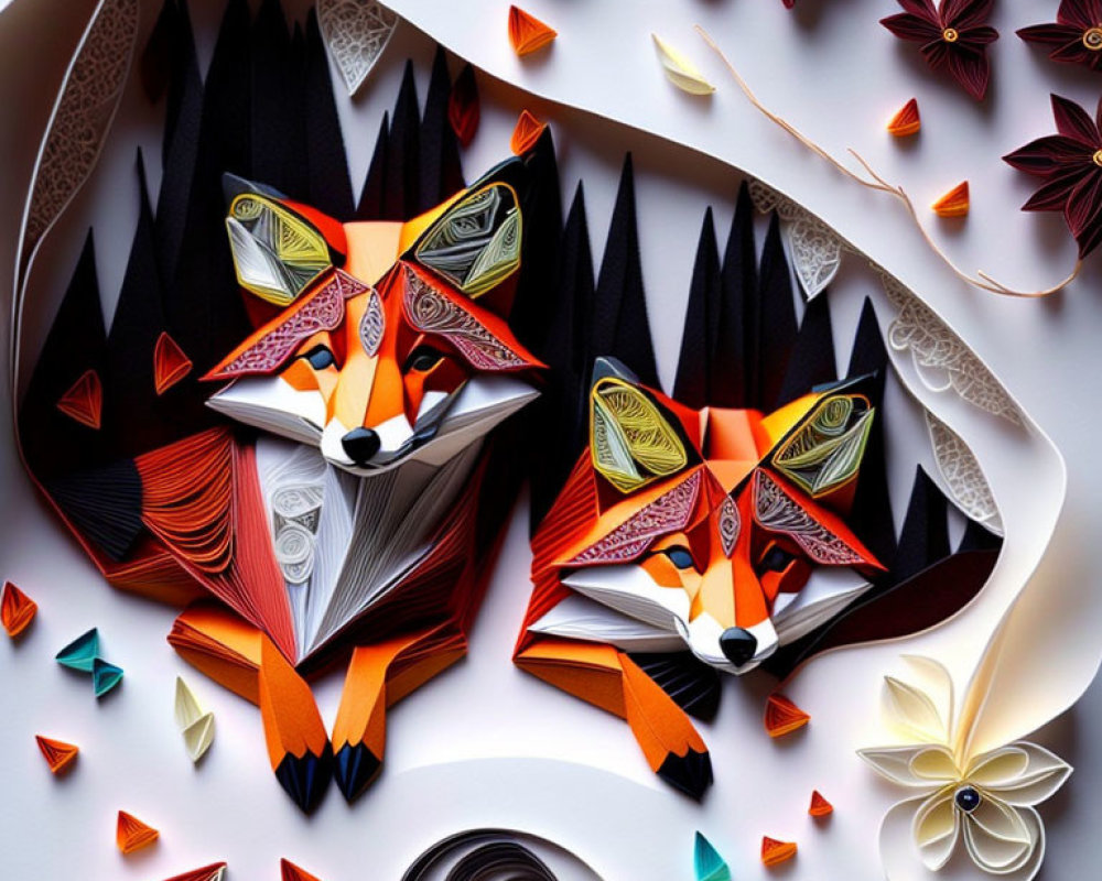 Detailed Paper Art of Stylized Foxes with Multicolored Designs