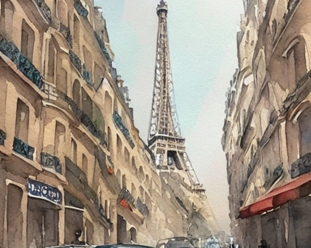 Parisian Street Watercolor: Cars, Eiffel Tower, Cloudy Sky