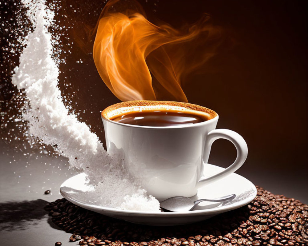 Steaming cup of coffee with scattered beans and pouring sugar, emitting flame-like vapor