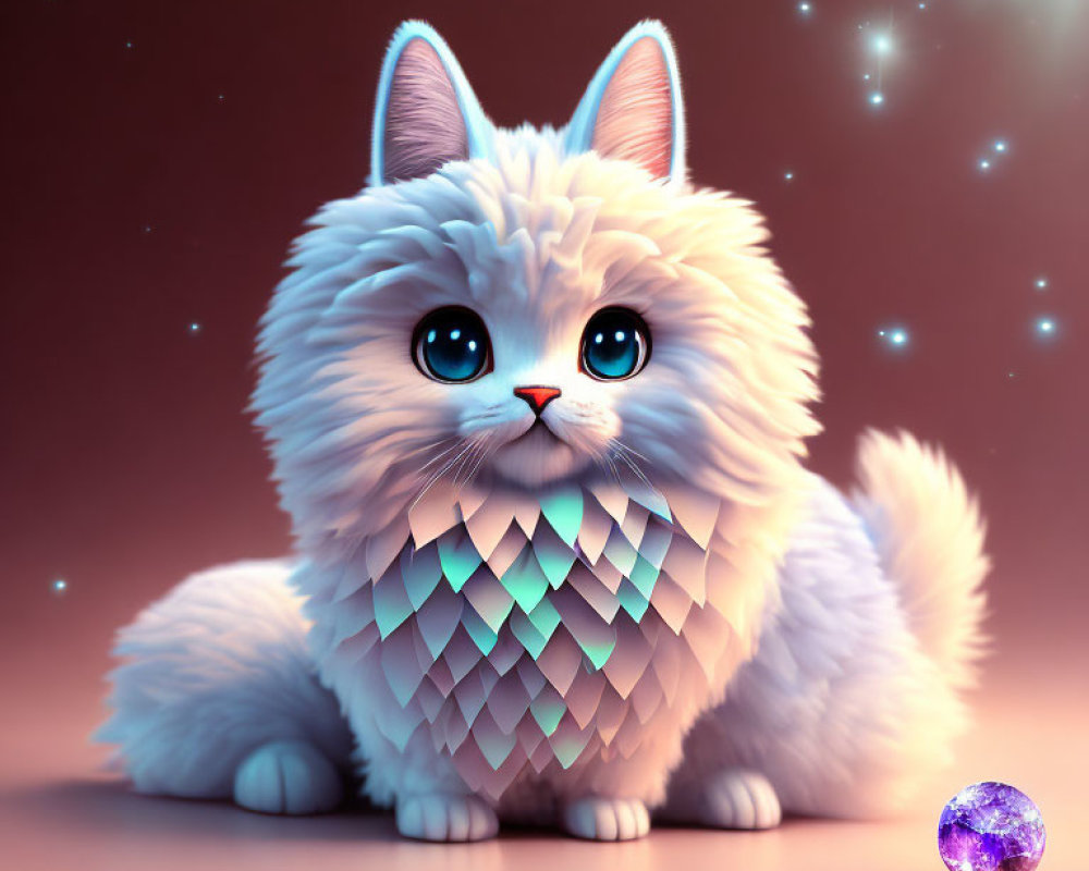 Fluffy animated cat with blue eyes and heart pattern next to purple gem on starry backdrop