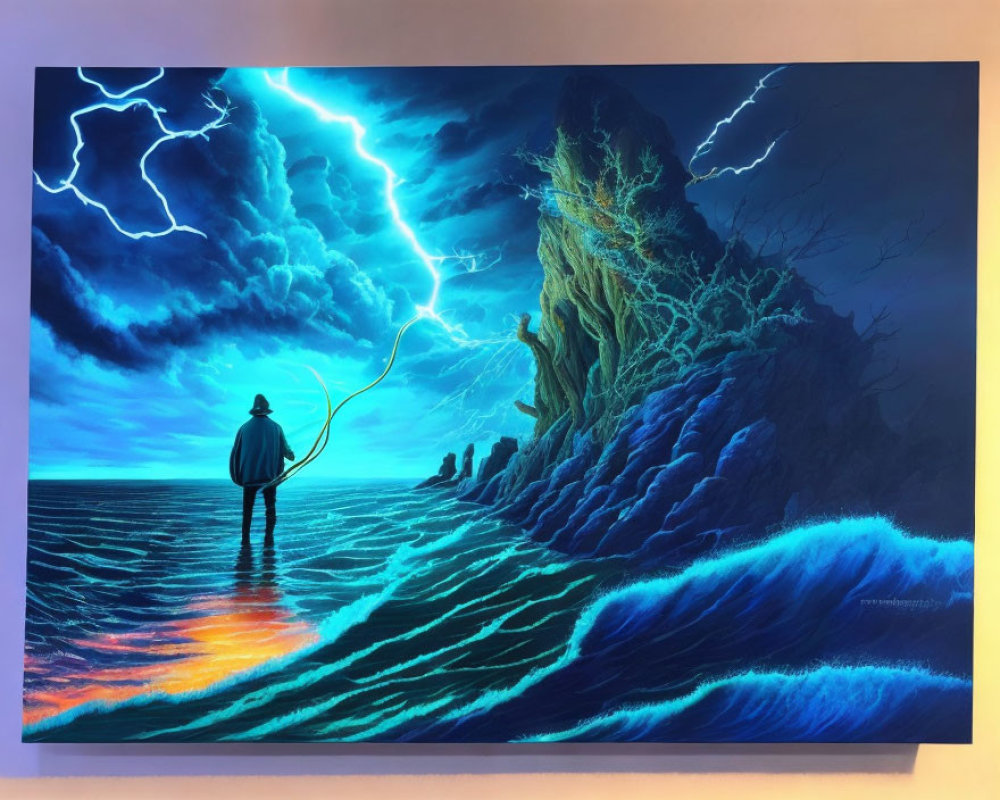 Person standing on shore at night in thunderstorm with lit rock formation, blue waves, lightning