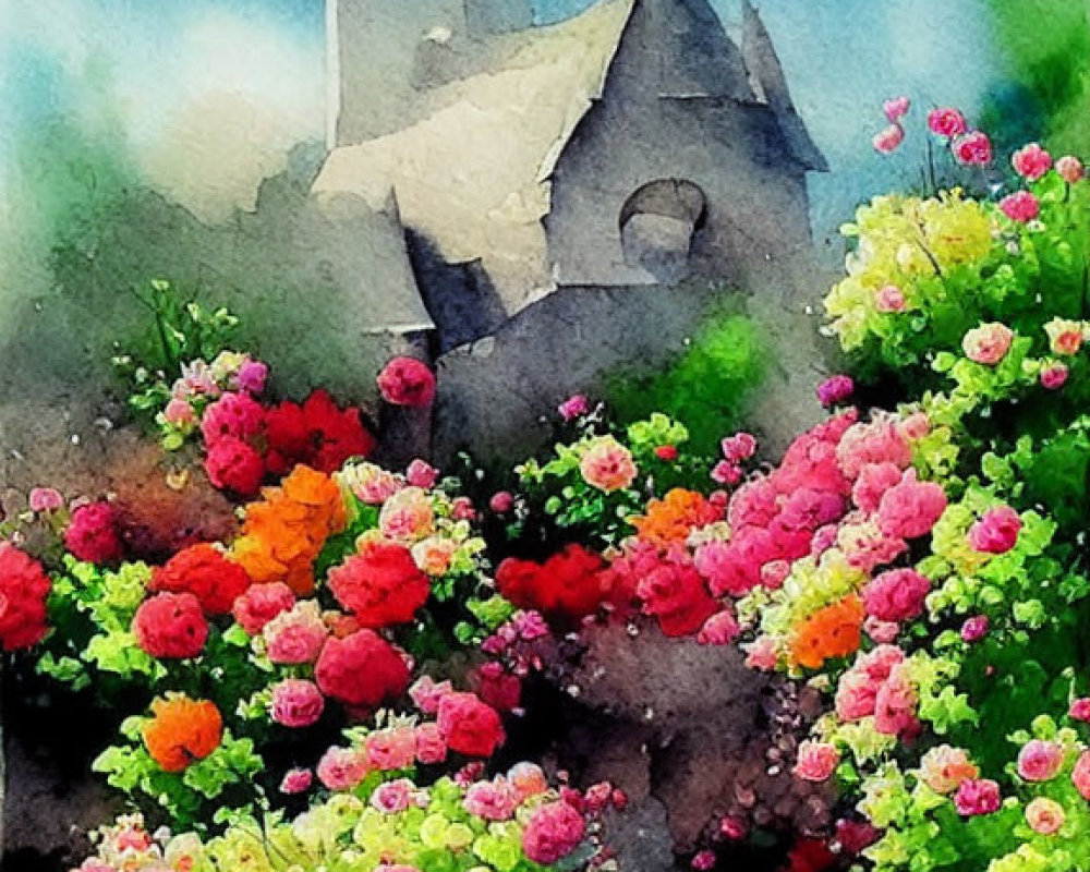 Vibrant flower-lined pathway to whimsical castle in watercolor