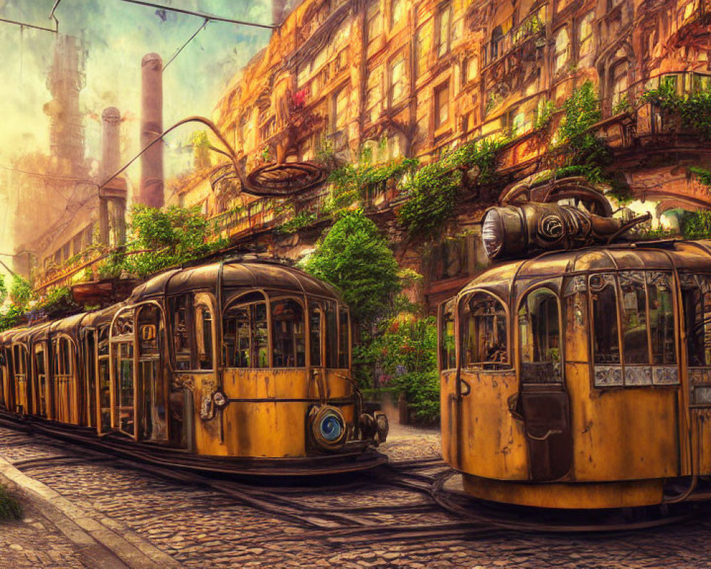 Historic yellow trams on cobblestone street with ornate buildings in warm lighting