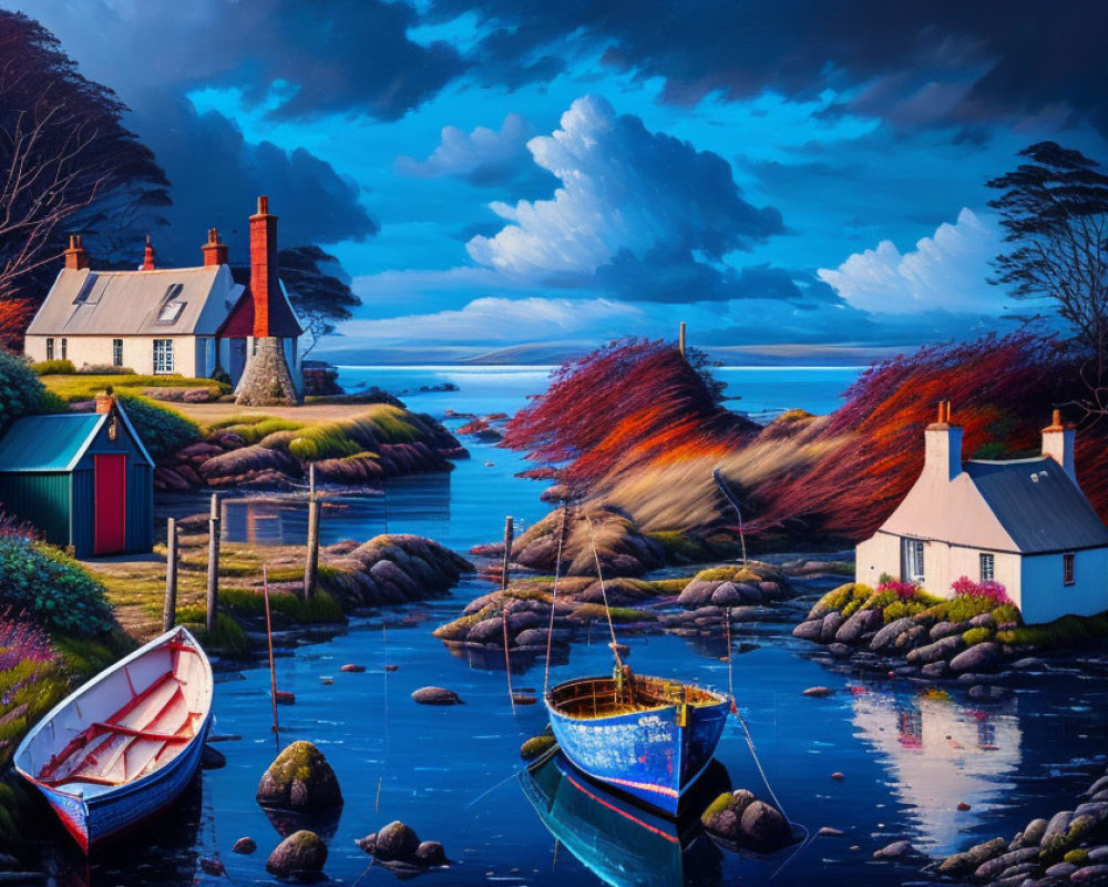 Vibrant Coastal Scene: Rustic Cottages, Moored Boats, Lush Veget