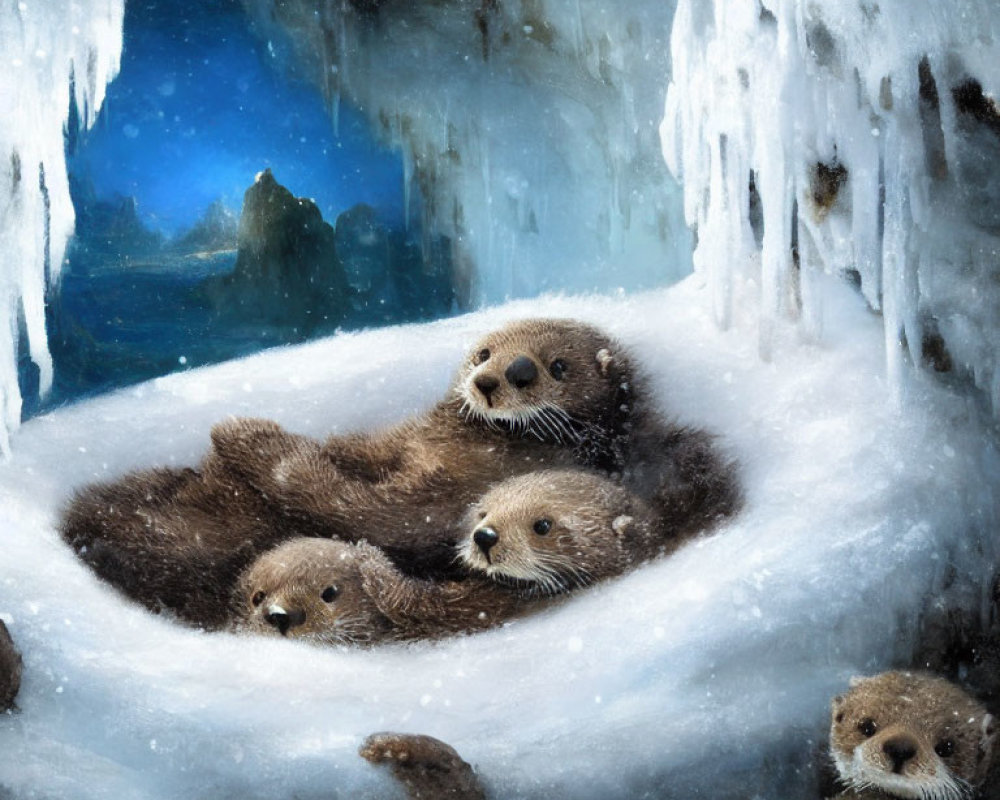 Four Otters Snuggle in Snowy Cave with Icicles