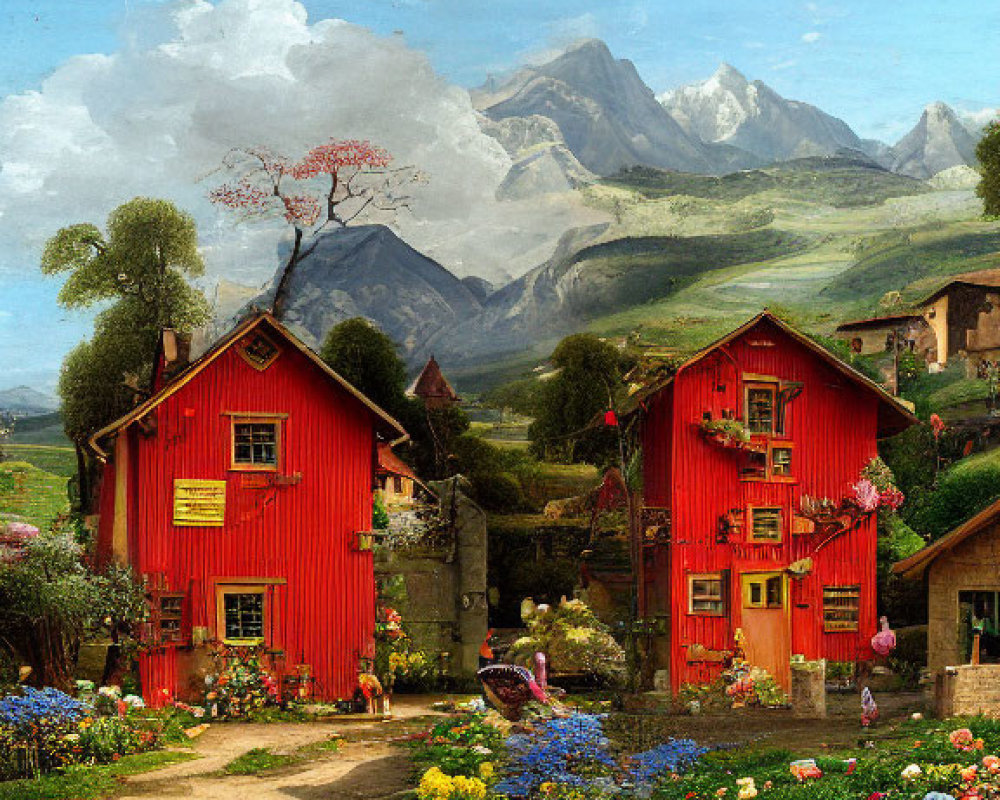 Colorful landscape with red houses, floral gardens, mountains, and daily life scenes