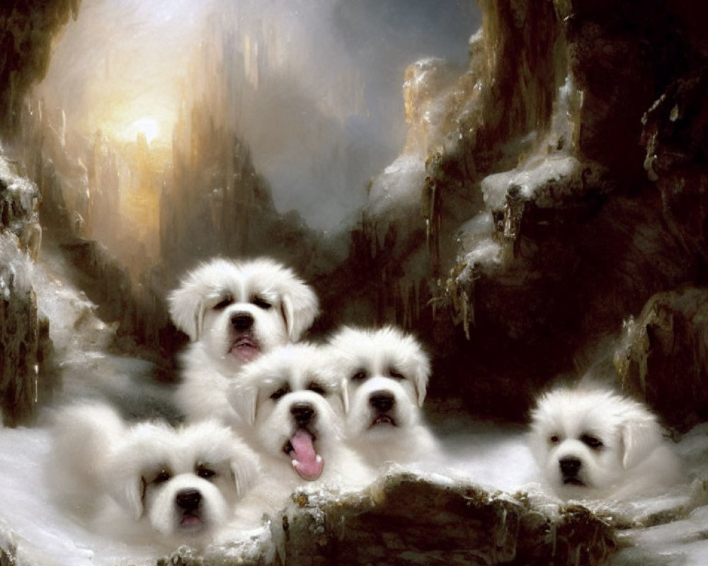 Five White Puppies in Cave with Soft Light