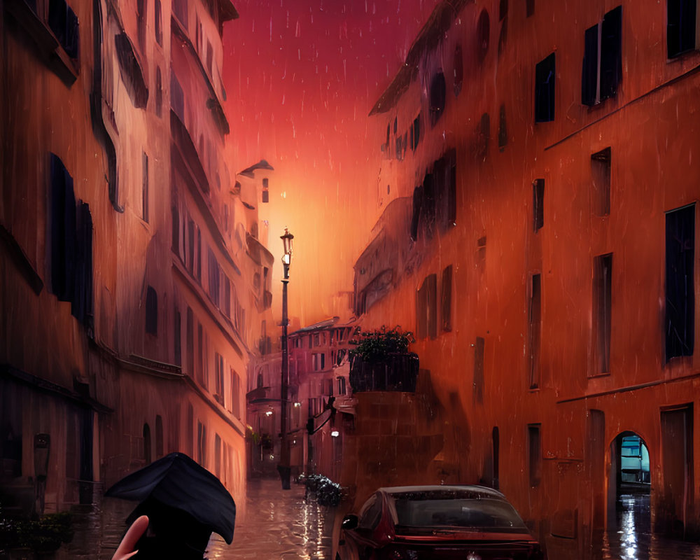 Person with umbrella walking on wet cobblestone street in rain under warm streetlights.