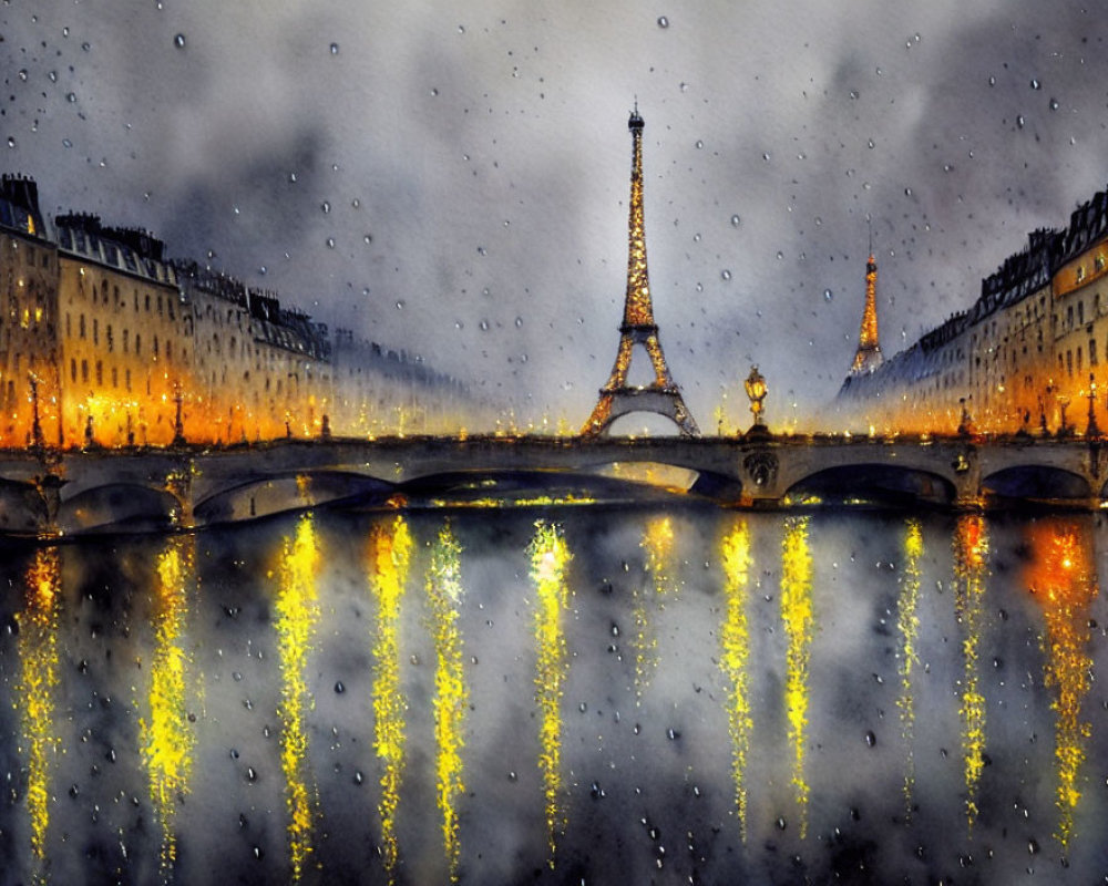 Eiffel Tower Watercolor Night Scene with City Lights