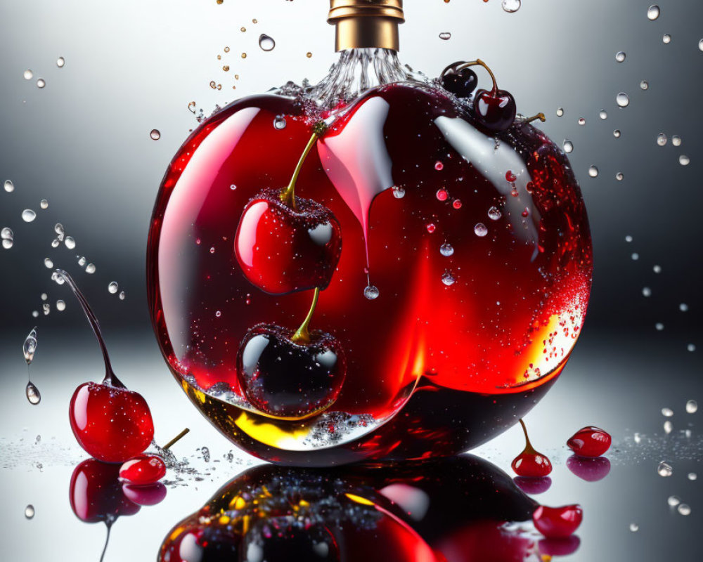 Cherry-shaped liquid bottle with splashing water droplets on glossy surface