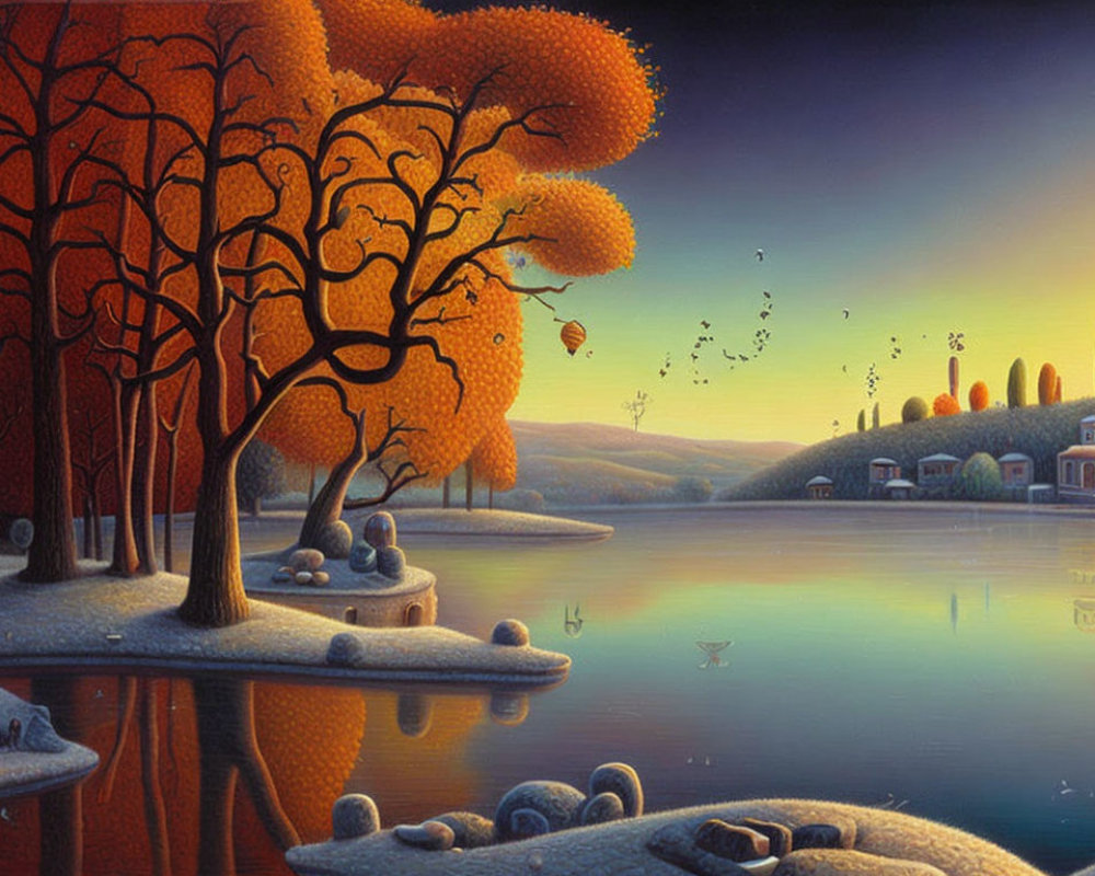 Vivid Autumn Landscape with Orange Trees, Blue Lake, and Whimsical Architecture