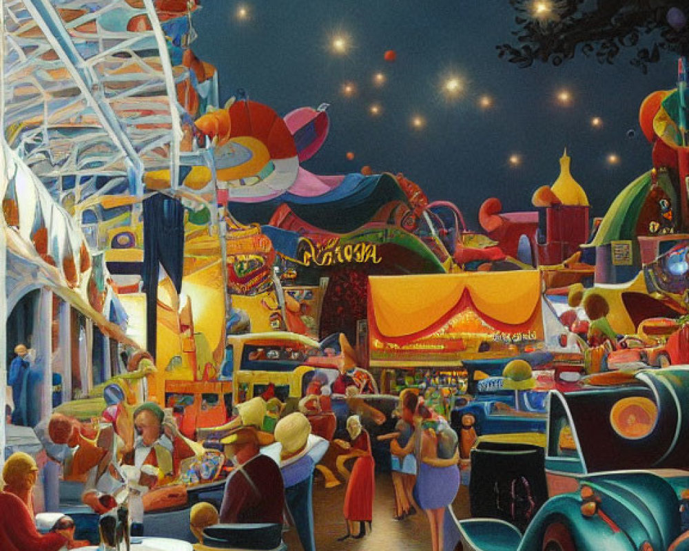 Colorful Vintage-Style Painting of Evening at Amusement Park