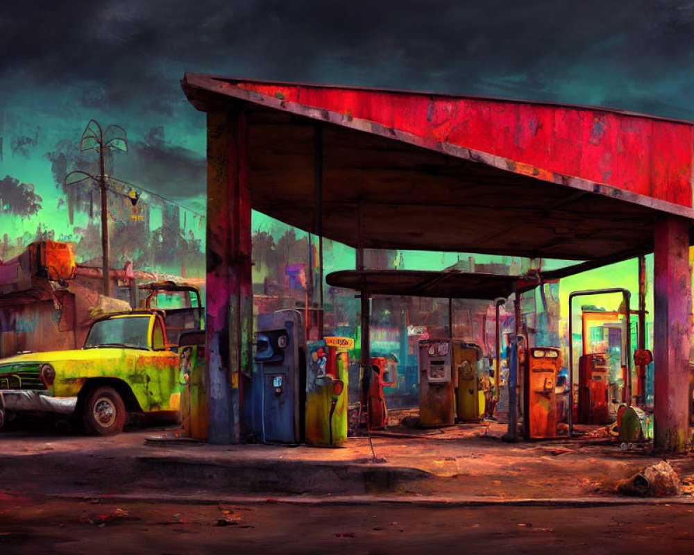 Abandoned gas station with rusting pumps and derelict car in post-apocalyptic scene