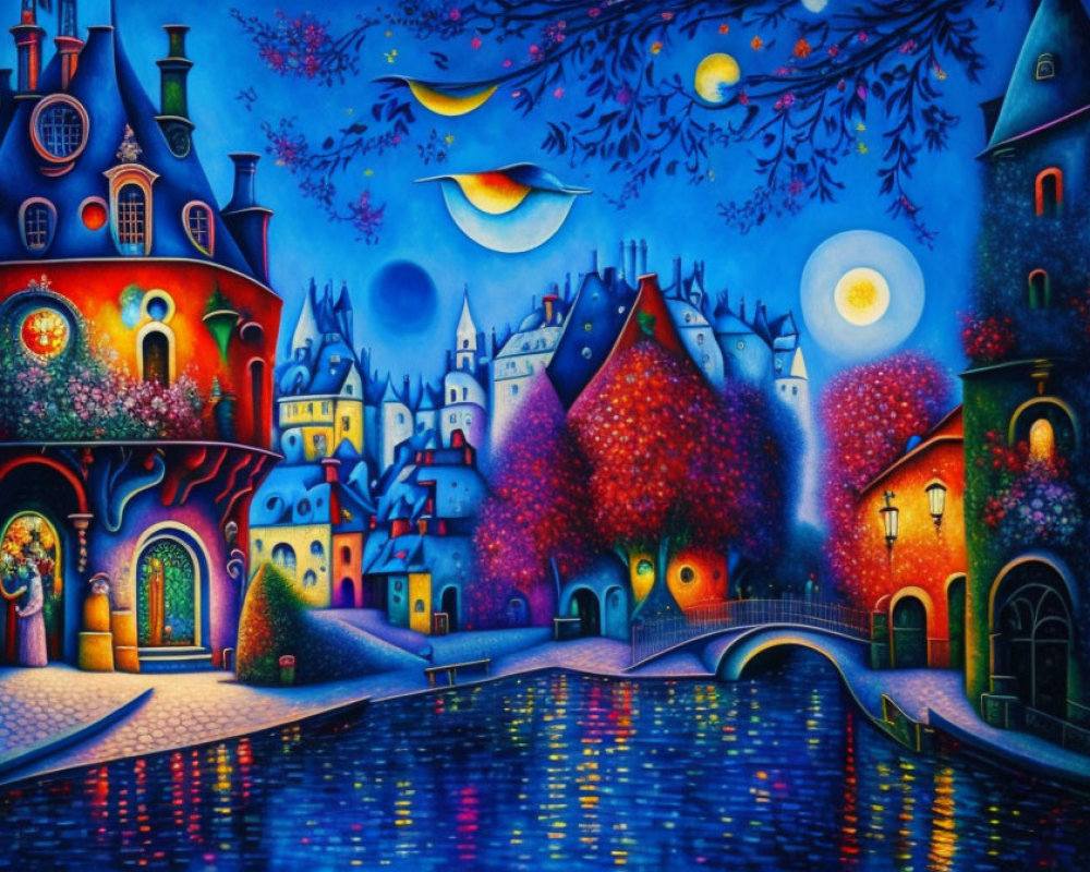 Colorful Whimsical Night Village Painting with River, Bridge, and Moonlit Sky