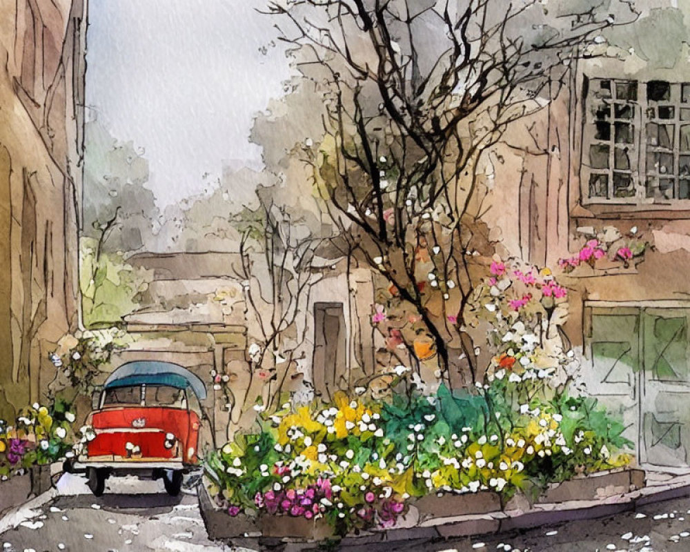 Charming street scene with red vintage car and blooming flowerbeds