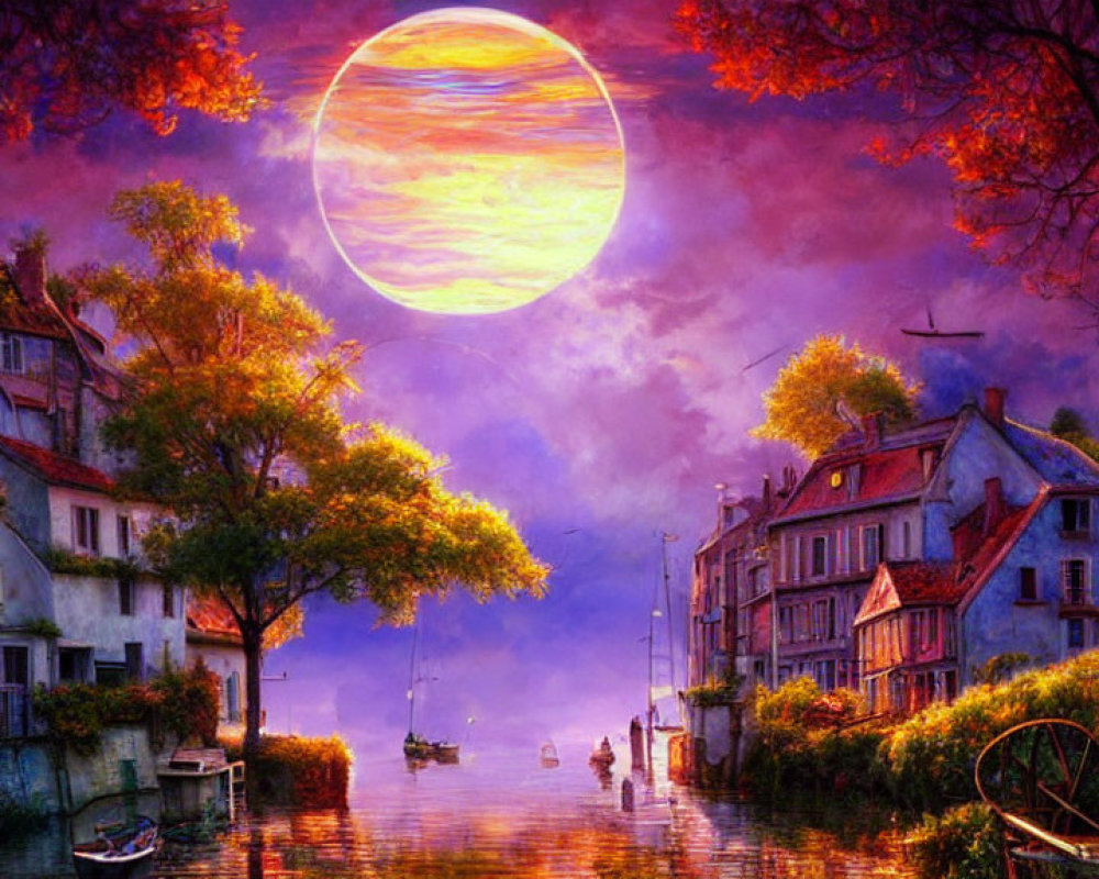 Colorful Fantasy Art: Canal, Boats, Trees, Houses, Moon