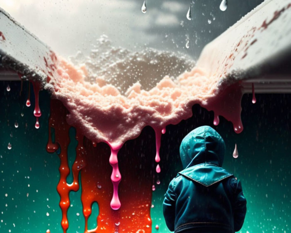 Child in Blue Raincoat Watching Melting Ice Cream and Raindrops