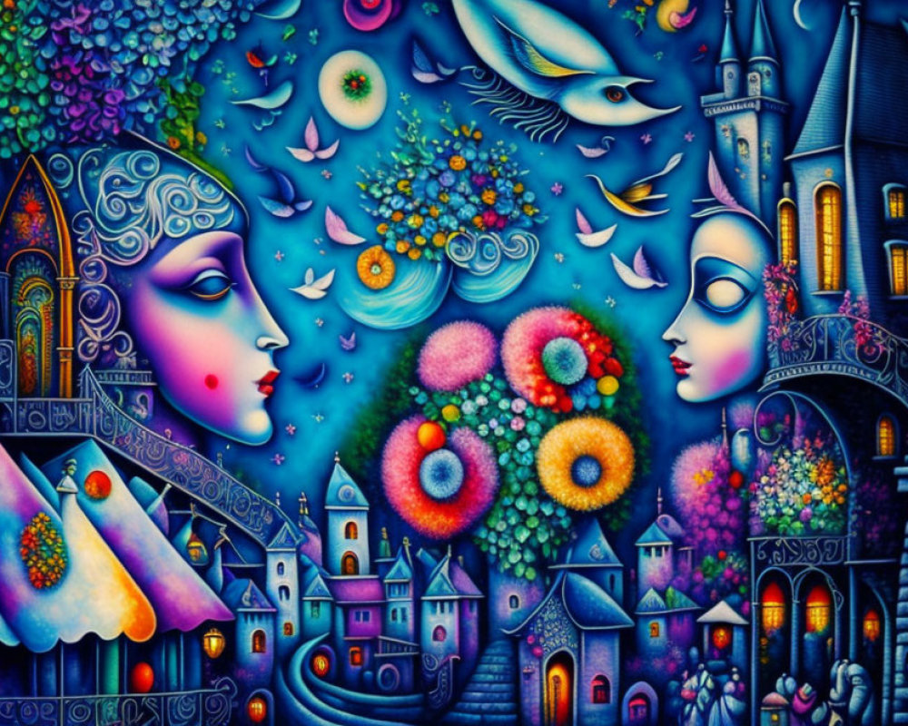 Colorful surreal artwork: stylized faces, whimsical nature, castle, celestial bodies.