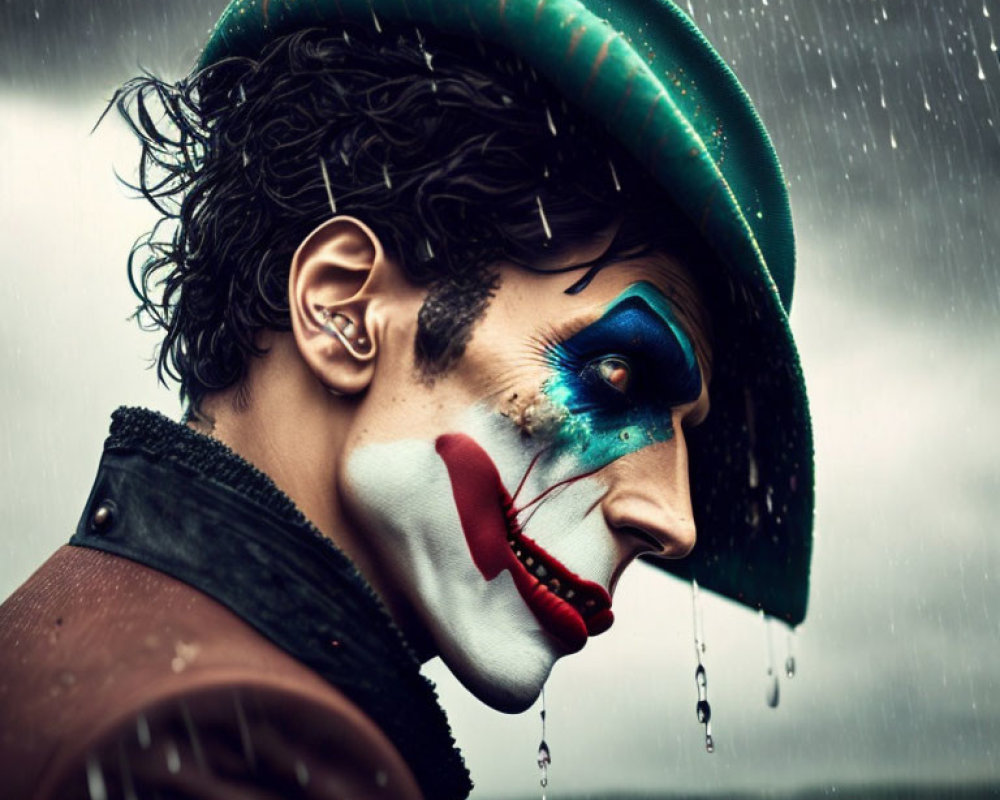 Profile of person in dramatic clown makeup with green hat under rainy sky.