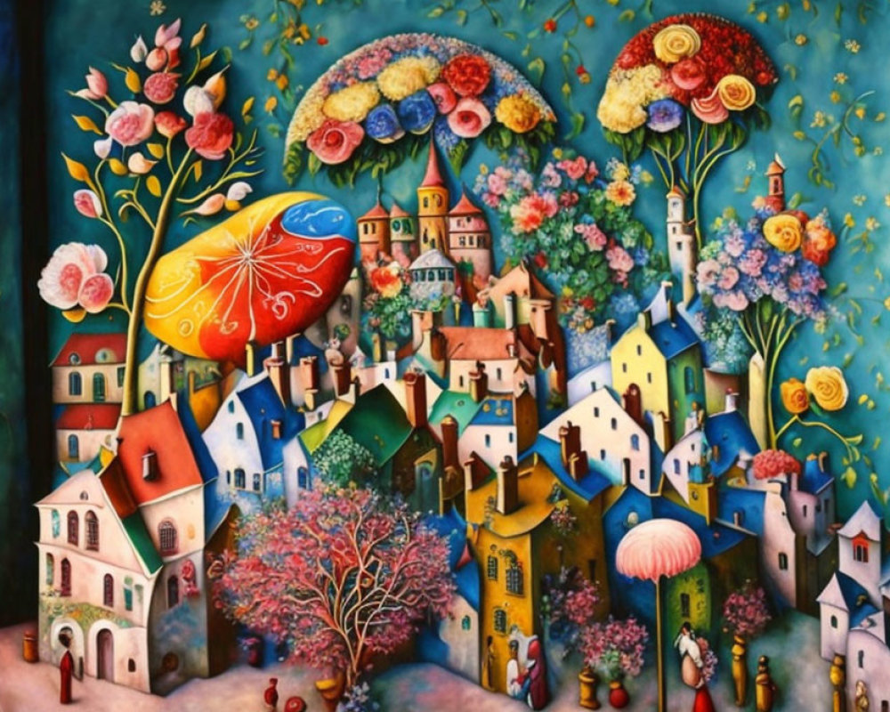 Colorful town painting with whimsical architecture and floral sky