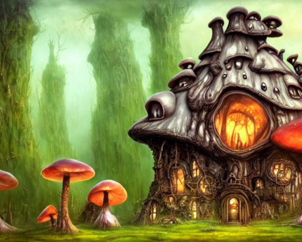 Fantasy-style house resembling a crooked tree in misty forest