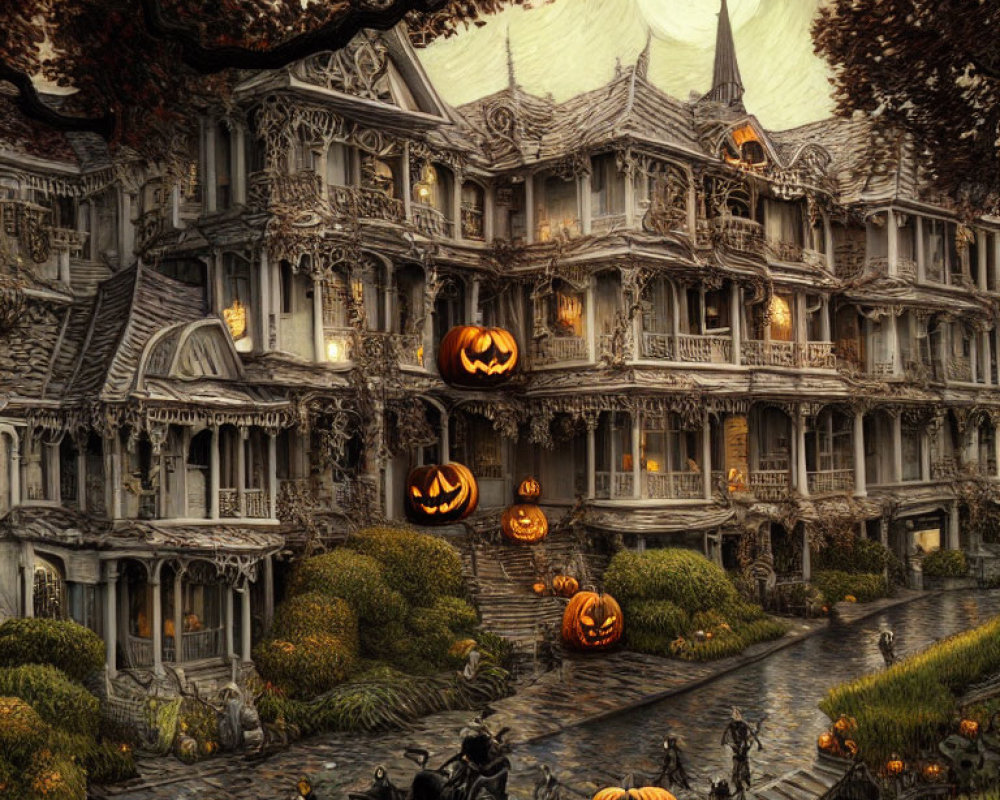 Gothic mansion with Halloween decorations in autumn setting