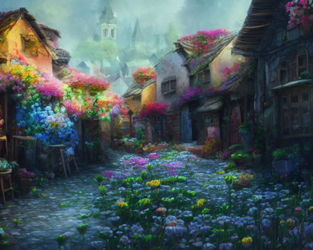 Picturesque Village Street with Vibrant Flowers and Bell Tower