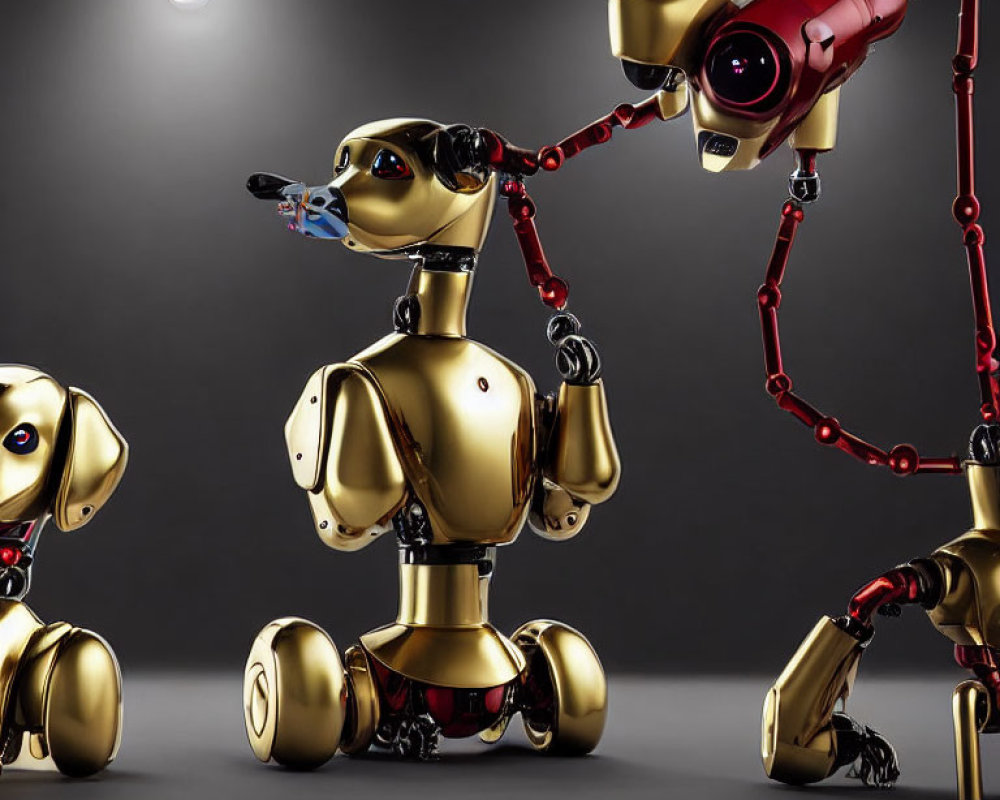 Three Golden Robotic Dogs in Various Poses on Dark Background