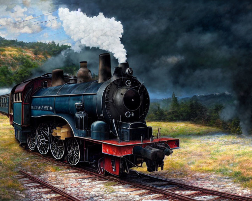 Vintage steam locomotive in scenic countryside with billows of white smoke against hills and cloudy sky