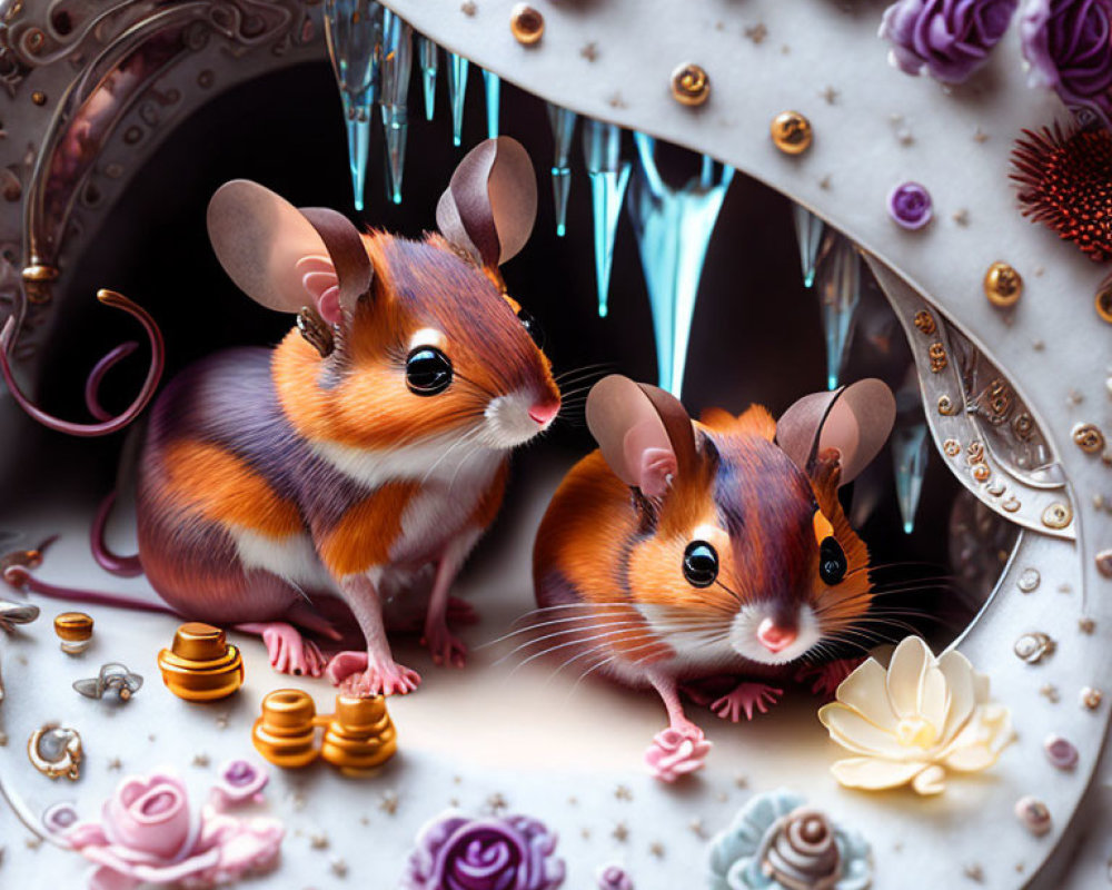 Colorful Stylized Mice Surrounded by Flowers and Crystals