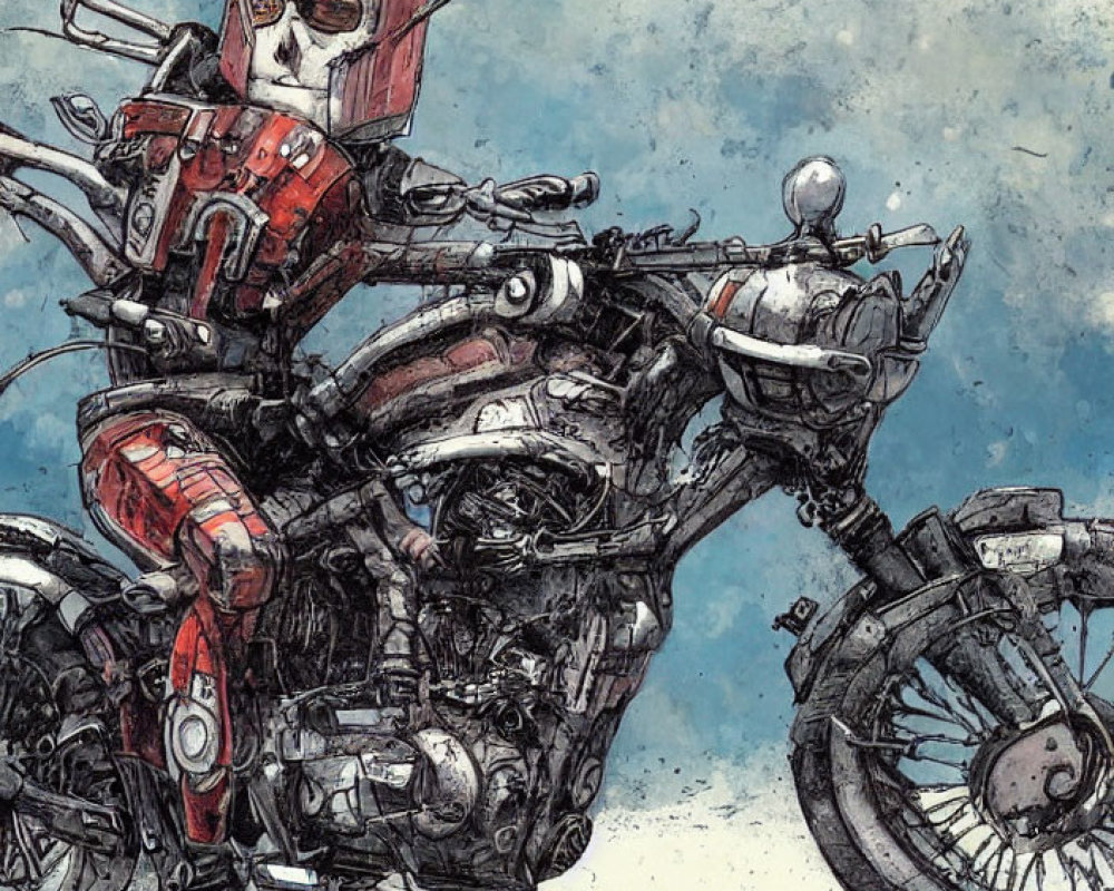 Robot in Red and White Armor on Detailed Motorcycle in Blue Background