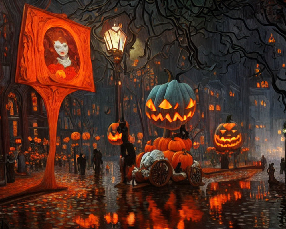 Stylized Halloween painting with jack-o'-lanterns, pumpkin carriage, and rainy street.