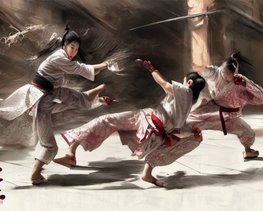 Traditional Attire Martial Artists Sparring in Sunlit Dojo