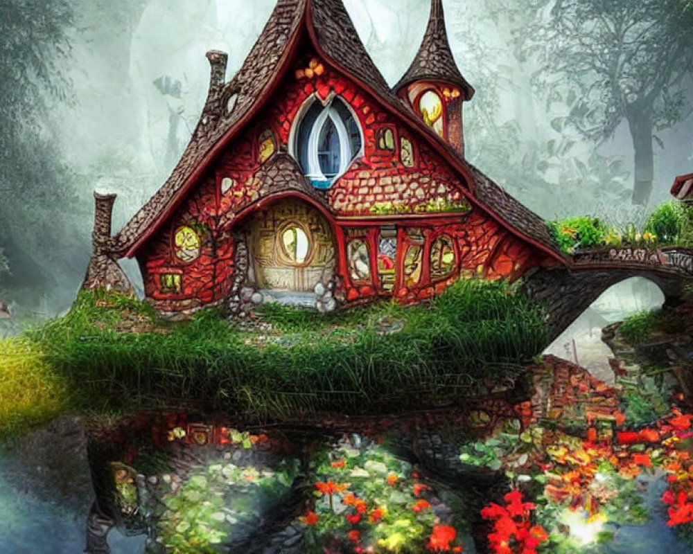 Charming cottage with heart-shaped facade, vibrant flowers, quaint bridge, misty fairytale setting