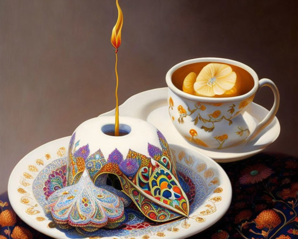 Surreal image of paisley object, flame, tea cup on ornate tablecloth