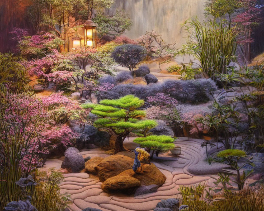 Japanese Garden Twilight Scene with Koi Pond and Blossoming Trees