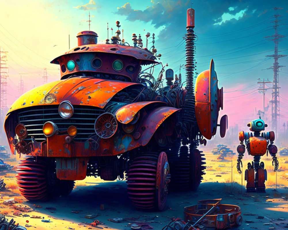 Colorful Digital Artwork: Oversized Orange Robot in Surreal Landscape